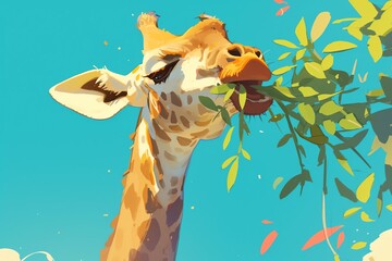Wall Mural - Super cute illustration of a giraffe nibbling leaves, vibrant colors, soft focus, detailed fur texture, happy and playful mood