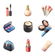 © Tatiana - Cosmetics 3d icon set. Powder, cream, makeup tools, lipstick, brush, foundation, mascara, Isolated objects on a transparent background