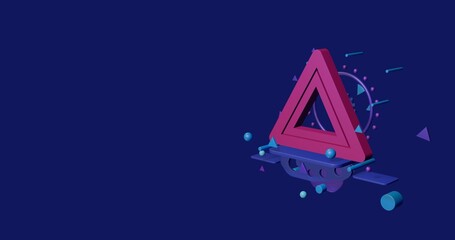 Poster - Pink emergency stop sign on a pedestal of abstract geometric shapes floating in the air. Abstract concept art with flying shapes on the right. 3d illustration on indigo background