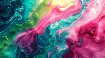 Poster - fluid art with a vibrant mix of neon colors. Bright pinks, greens, and blues swirl together in dynamic patterns