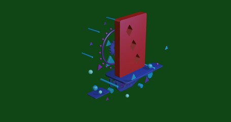 Poster - Red Three of diamonds playing card on a pedestal of abstract geometric shapes floating in the air. Abstract concept art with flying shapes in the center. 3d illustration on green background