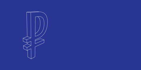 Poster - the outline of a large ruble symbol made of white lines on the left. 3d view of the object in perspe