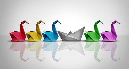 underperformance concept as an basic undeveloped outsider as a paper boat in a group of highly sophi