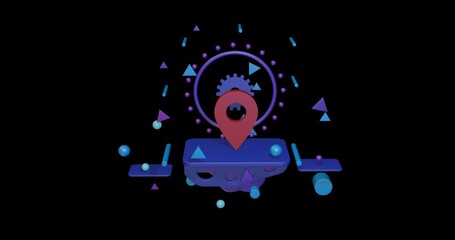 Poster - Red location symbol on a pedestal of abstract geometric shapes floating in the air. Abstract concept art with flying shapes in the center. 3d illustration on black background