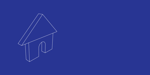Poster - The outline of a large kennel symbol made of white lines on the left. 3D view of the object in perspective. Vector illustration on indigo background