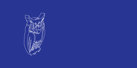 Poster - The outline of a large owl symbol made of white lines on the left. 3D view of the object in perspective. Vector illustration on indigo background