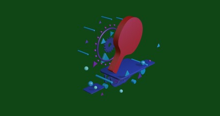 Poster - Red table tennis symbol on a pedestal of abstract geometric shapes floating in the air. Abstract concept art with flying shapes in the center. 3d illustration on green background