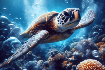 Wall Mural - AI generated illustration of a sea turtle gracefully swimming in a vibrant underwater ecosystem