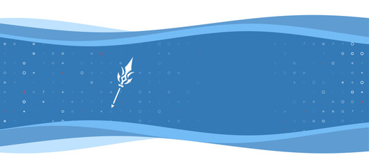 Poster - Blue wavy banner with a white mystical Spear symbol on the left. On the background there are small white shapes, some are highlighted in red. There is an empty space for text on the right side