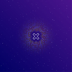 Poster - A large white contour multiplication symbol in the center, surrounded by small dots. Dots of different colors in the shape of a ball. Vector illustration on dark blue gradient background with stars