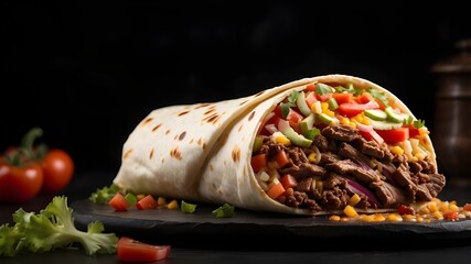 Wall Mural - A beef burrito overflowing with vegetables and tender beef, placed on a black background for a striking contrast.
