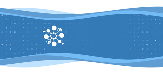 Poster - Blue wavy banner with a white molecule symbol on the left. On the background there are small white shapes, some are highlighted in red. There is an empty space for text on the right side