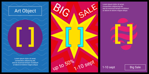 Poster - Trendy retro posters for organizing sales and other events. Large square brackets symbol in the center of each poster. Vector illustration on black background