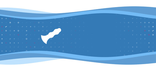 Poster - Blue wavy banner with a white sex toy symbol on the left. On the background there are small white shapes, some are highlighted in red. There is an empty space for text on the right side