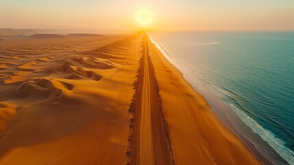 sand dunes, sun setting over distant ocean, foreground dunes