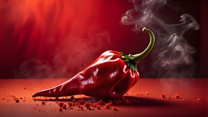 Wall Mural - A single chili pepper resting on a fiery red backdrop, with dynamic fire and curling smoke enhancing the spicy atmosphere.