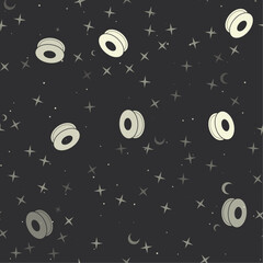 Sticker - Seamless pattern with stars, 3D printing filament symbols on black background. Night sky. Vector illustration on black background