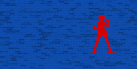 Wall Mural - Blue Brick Wall with large red boxer girl symbol. The symbol is located on the right, on the left there is empty space for your content. Vector illustration on blue background