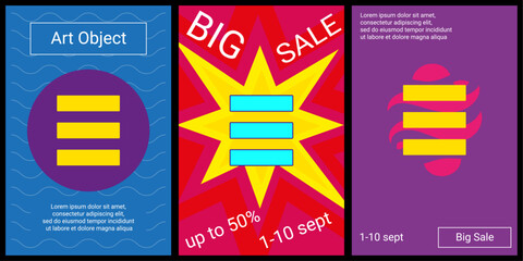 Poster - Trendy retro posters for organizing sales and other events. Large identity symbol in the center of each poster. Vector illustration on black background