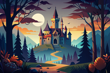 Wall Mural - Spooky Halloween castle under a full moon with bats and dark trees