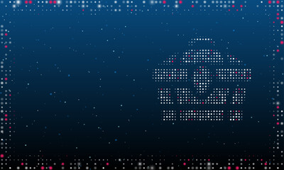 Poster - On the right is the treasure chest symbol filled with white dots. Pointillism style. Abstract futuristic frame of dots and circles. Some dots is pink. Vector illustration on blue background with stars