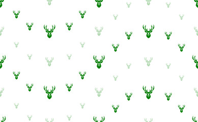 Poster - Seamless pattern of large and small green deer head symbols. The elements are arranged in a wavy. Illustration on light green background