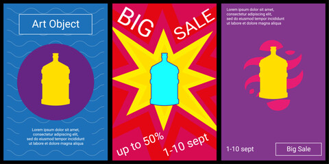 Poster - Trendy retro posters for organizing sales and other events. Large a large bottle of water symbol in the center of each poster. Vector illustration on black background