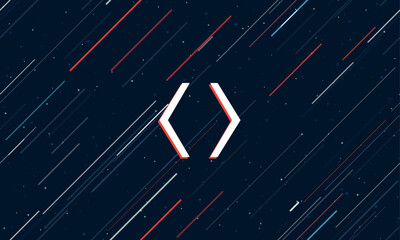 Poster - Large white angle brackets symbol framed in red in the center. The effect of flying through the stars. Vector illustration on a dark blue background with stars and slanted lines
