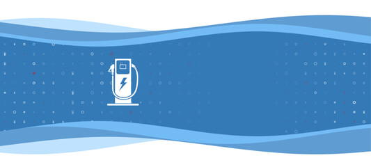 Poster - Blue wavy banner with a white electric charging station symbol on the left. On the background there are small white shapes, some are highlighted in red.