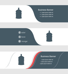 Poster - Set of blue grey banner, horizontal business banner templates. Banners with template for text and a large bottle of water symbol. Classic and modern style. Vector illustration on grey background