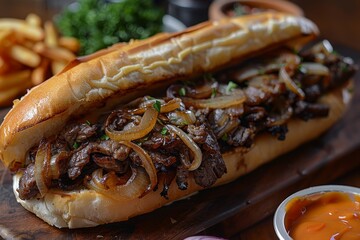 Philly Cheesesteak - Philly cheesesteak sandwich with melted cheese and onions. 