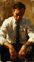 Wall Mural - A man in a white shirt and tie is sitting with his head in his hands.