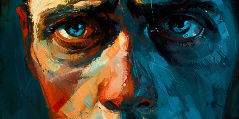 Wall Mural - Blue and orange abstract portrait painting of a persons face