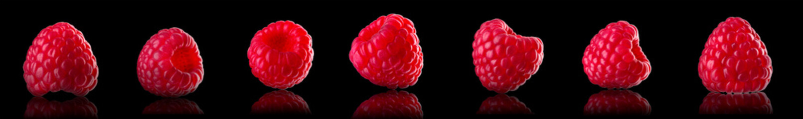 Wall Mural - Set of macro photo of raspberry isolated on black background