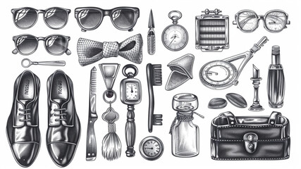Sticker - 
Set of men's accessories for him, vector hand drawn engraving illustration in vintage
