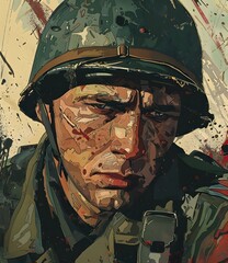Wall Mural - A soldier wearing a helmet with a camouflage pattern and a serious expression on his face
