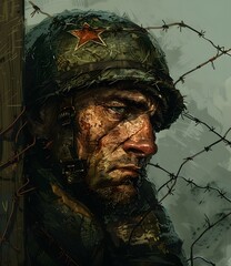 Portrait of a soldier with a red star on his helmet