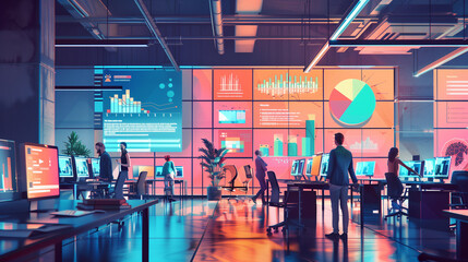 Wall Mural - A group of people are working in a brightly lit office with colorful walls