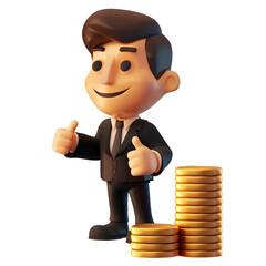 Wall Mural - 3D cartoon businessman character holding coins and giving a thumbs up, with a transparent background PNG element for clipart or sticker design