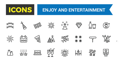 Enjoy and Entertainment icon collection. Vector thin line icons collection. Editable vector icon and illustration.