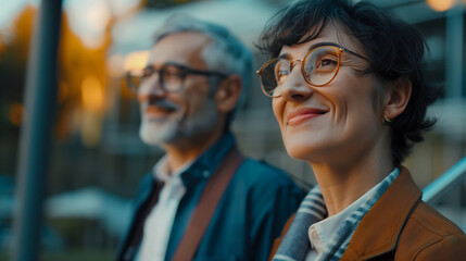 An elderly man with glasses and a woman smile at each other. Happy businessmen are discussing a new project at a meeting. A couple in love on a walk