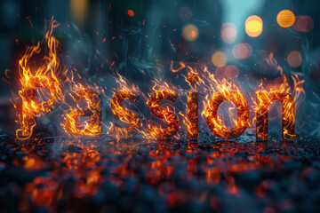 Poster - a digital typography of passion with letters appearing as if they are burning from the inside out,