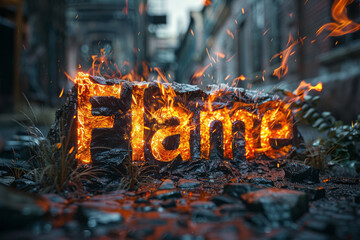 Poster - Flame written in fiery text, with each letter surrounded by a glowing, fiery aura,