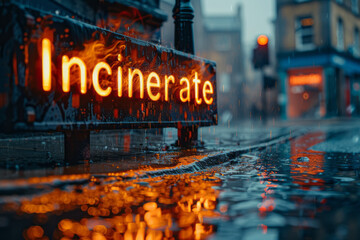Poster - Incinerate in glowing typography, with letters appearing to be consumed by digital flames,