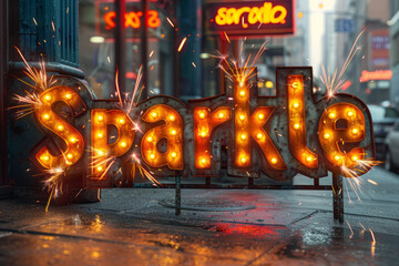 Poster - Sparkle written in fiery text, with bright, glowing letters and digital sparks flying off,