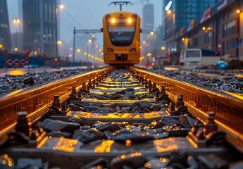 Wall Mural - Train moving on the railroad in the rain