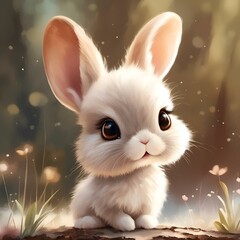 Wall Mural - a white bunny sits on a log next to grass and flowers