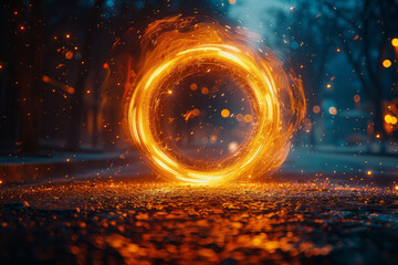 Poster - An infinity loop made of neon lights, surrounded by swirling particles of light, creating a sense of depth,