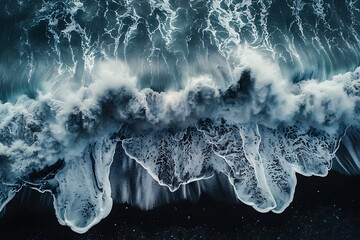 Poster - Aerial Photography of Waves crashing on a black sand beach in Iceland