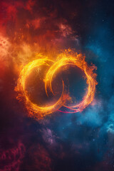 Poster - A neon infinity loop with vibrant red and yellow hues, surrounded by a halo of light,